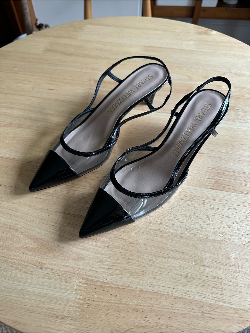 Stuart Weitzman Women’s Mondrian Black and Clear Pointed Toe Slingback Pumps